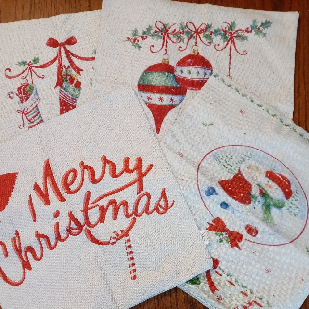4 Christmas Holiday Pilllow Covers 17" x 17". Removable Washable